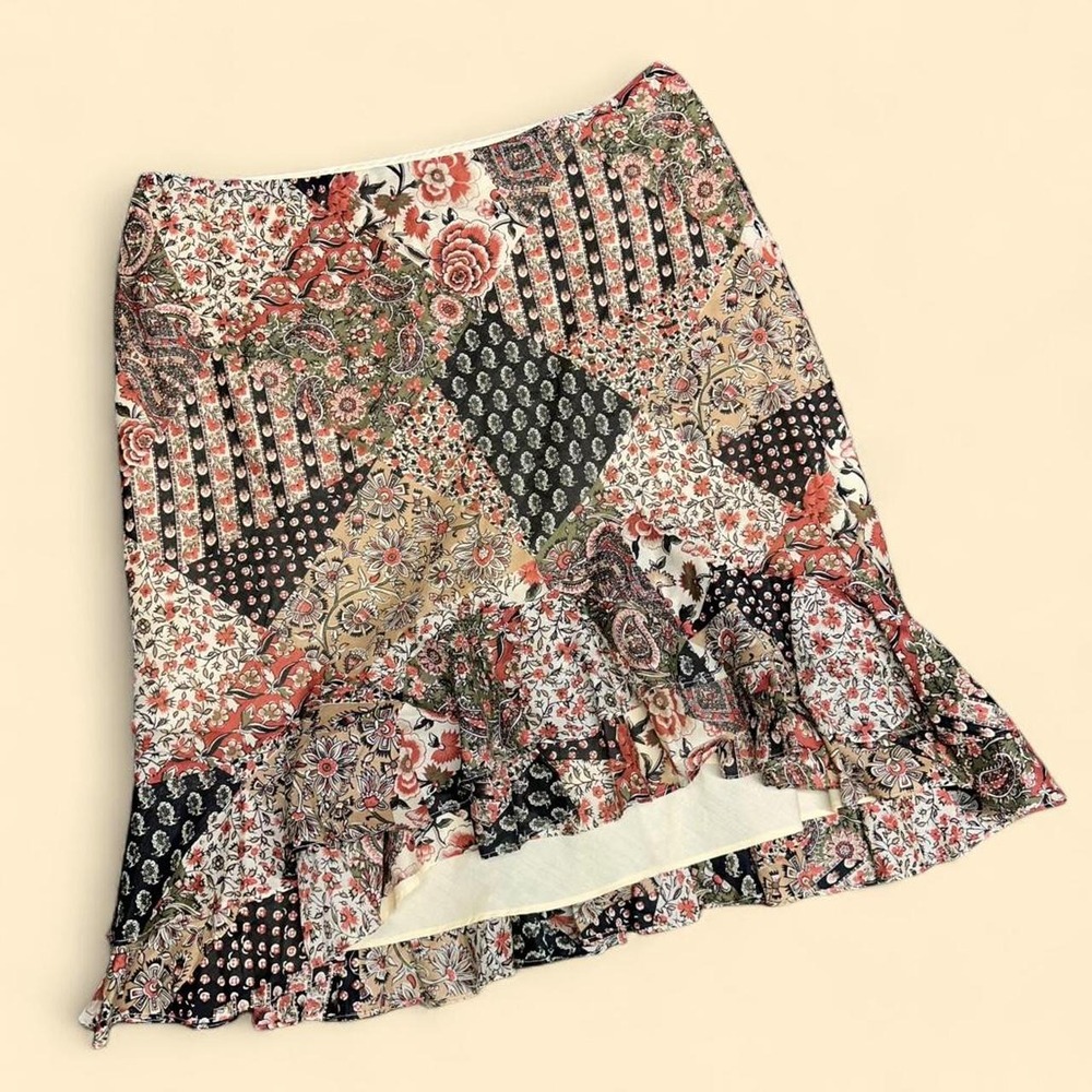 Womens Midi Skirt Chaps Denim Large Brown Vintage Paisley Patchwork Boho Ruffle